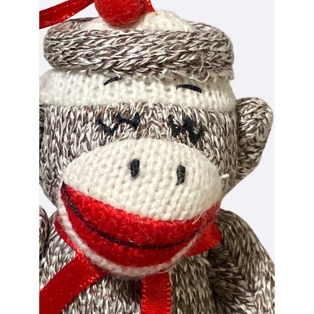 Knitted Sock Monkey Plush Ornament With Red Ribbon - Picture 5 of 10